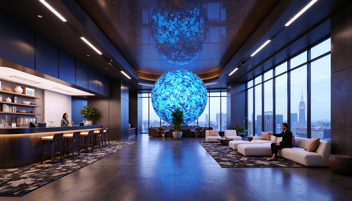 Prompt: Futuristic hotel lobby, sleek metallic walls, holographic signage, levitating furniture, ambient LED lighting, panoramic city views, modern minimalist decor, efficient use of vertical space, multi-functional amenities, modular room design, automated storage systems, smart glass windows, kinetic energy harvesting floors, futuristic elevator pods, space-saving sliding doors, curved lines, neon-lit corridors, virtual reality entertainment zones, augmented reality art installations.