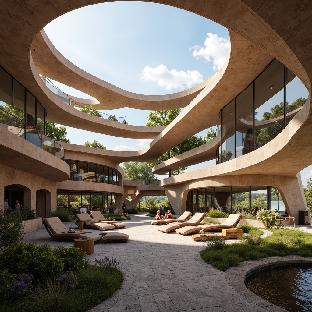 Prompt: Organic curves, flowing arches, smooth rounded edges, futuristic architecture, sleek metal structures, glass fa\u00e7ades, cantilevered roofs, undulating walls, wavy patterns, natural stone cladding, earthy tones, soft warm lighting, shallow depth of field, 3/4 composition, panoramic view, realistic textures, ambient occlusion.