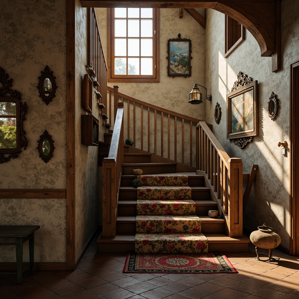 Prompt: Distressed wooden handrails, ornate metal brackets, rustic staircase, worn-out stone walls, vintage lighting fixtures, soft warm glow, distressed finishes, faded pastel colors, floral patterns, lace textures, antique furniture pieces, ornate mirrors, luxurious fabrics, subtle weathering effects, 1/1 composition, warm color palette, realistic wood grain, ambient occlusion.