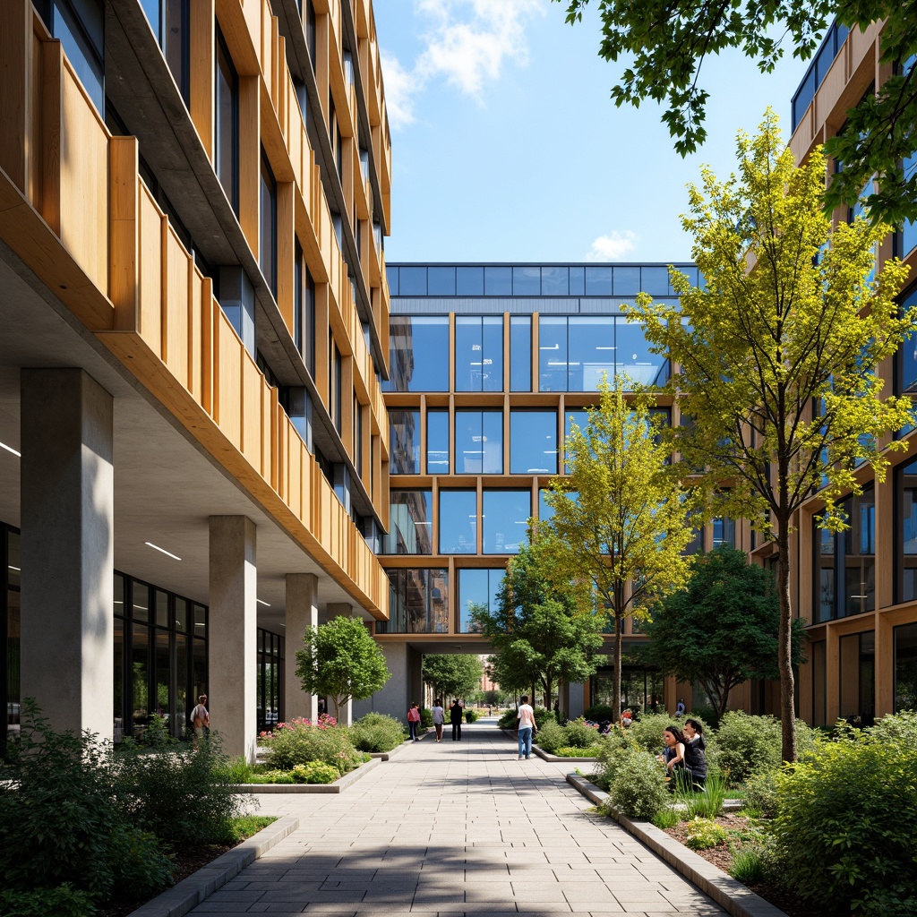 Prompt: Vibrant university campus, bold modern architecture, sleek glass facades, warm wooden accents, rich earthy tones, deep blue hues, energetic yellow highlights, creamy white columns, intricate stone carvings, lush greenery, blooming flowers, natural light pouring through skylights, shallow depth of field, 3/4 composition, realistic textures, ambient occlusion.