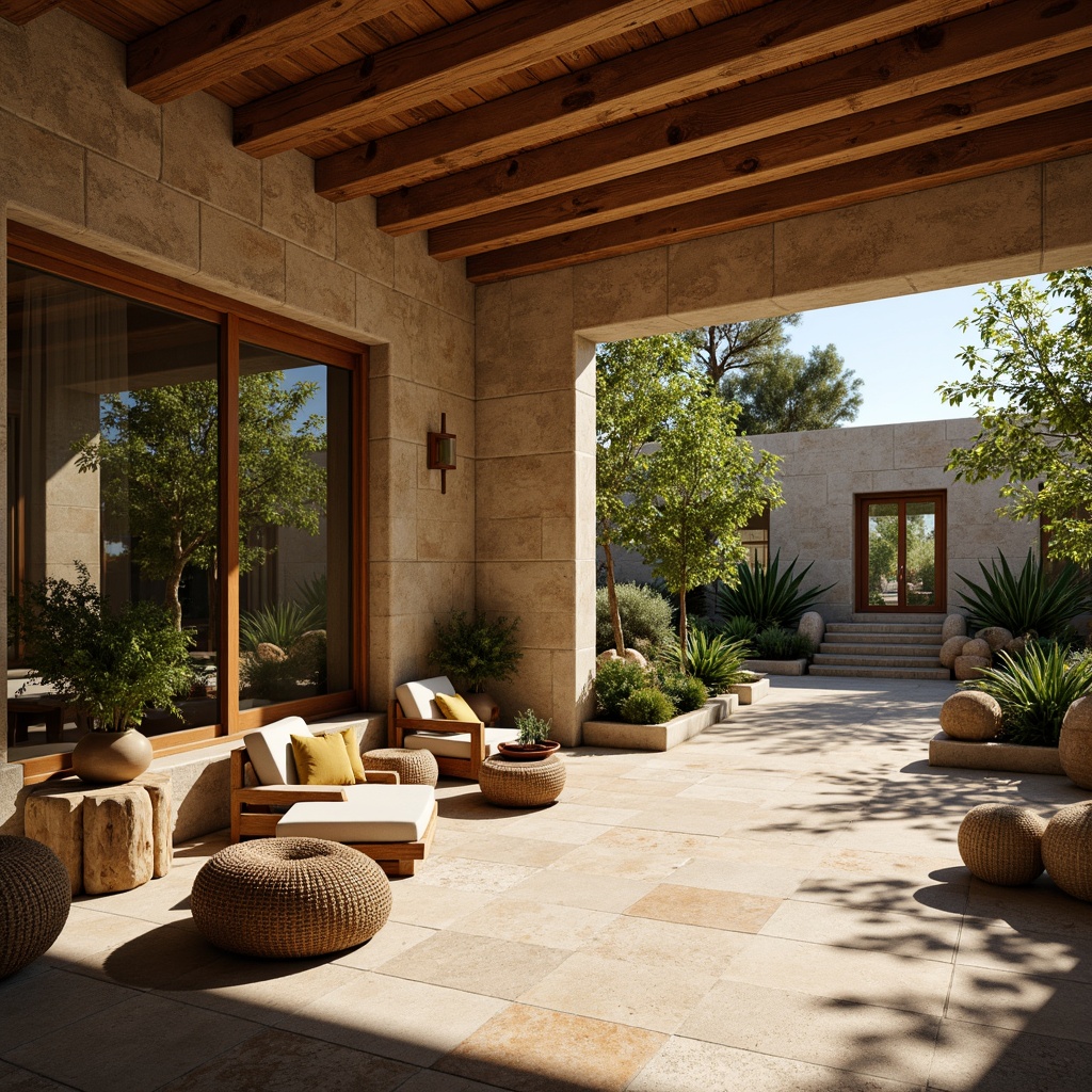 Prompt: Warm villa, mid-century modern architecture, natural stone walls, wooden accents, textured surfaces, rough-hewn wood beams, reclaimed wood floors, earthy color palette, lush greenery, private courtyard, serene ambiance, warm sunlight, soft shadows, 1/1 composition, shallow depth of field, realistic textures, ambient occlusion.