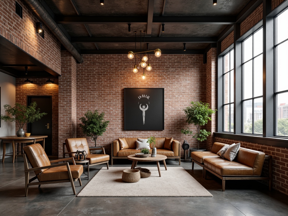 Prompt: Exposed brick walls, metal beams, reclaimed wood accents, industrial chic decor, vintage factory lights, distressed leather sofas, steel frame chairs, wooden crates, urban loft atmosphere, modern minimalist aesthetic, concrete floors, Edison bulb lighting, exposed ductwork, metallic color palette, functional furniture pieces, modular shelving units, reclaimed wood headboards, luxurious textiles, rich brown leathers, bronze metal accents, abstract artwork, cityscape views, dramatic floor-to-ceiling windows, atmospheric misting, cinematic lighting, shallow depth of field, 2/3 composition, realistic textures.