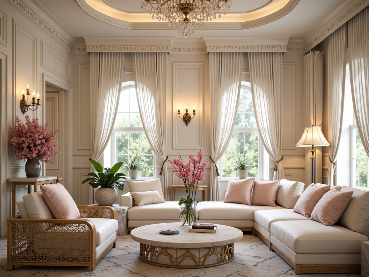 Prompt: Luxurious interior, ornate furnishings, soft pastel hues, creamy whites, rich gold accents, velvety textiles, intricate patterns, carved wooden details, crystal chandeliers, lavish fabrics, delicate florals, warm beige tones, subtle pink undertones, gentle blue notes, opulent decorative elements, refined elegance, sophisticated ambiance, warm candlelight, shallow depth of field, 1/1 composition, realistic textures, ambient occlusion.