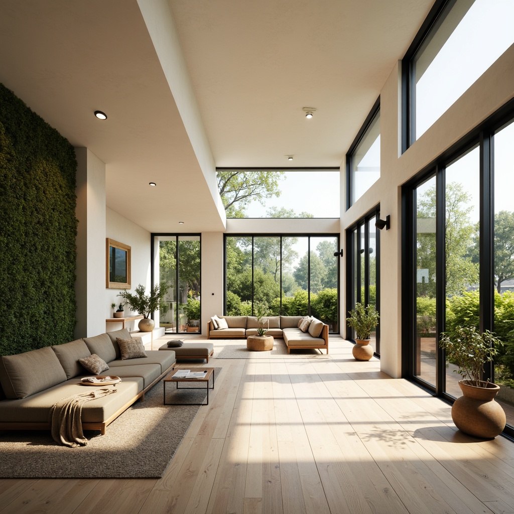 Prompt: Minimalist interior design, open floor plan, abundant natural light, high ceilings, large windows, sliding glass doors, wooden floors, neutral color palette, modern furniture, greenery walls, potted plants, airy atmosphere, soft warm lighting, shallow depth of field, 1/1 composition, realistic textures, ambient occlusion.