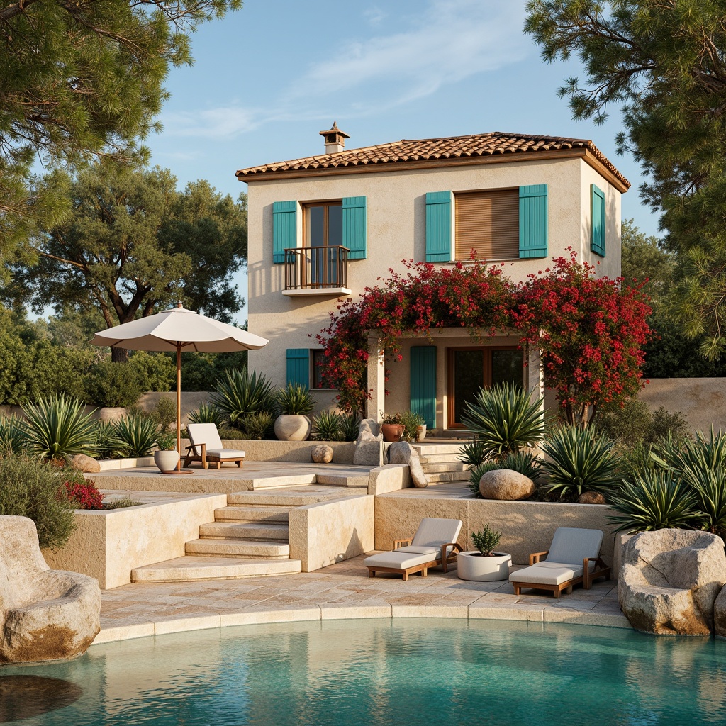 Prompt: Warm Mediterranean villa, rustic stone walls, terracotta roof tiles, turquoise accents, soft beige stucco, weathered wood shutters, lush greenery, blooming bougainvillea, warm sandy beach, crystal clear waters, sunny afternoon, golden hour lighting, shallow depth of field, 1/2 composition, natural textures, ambient occlusion.