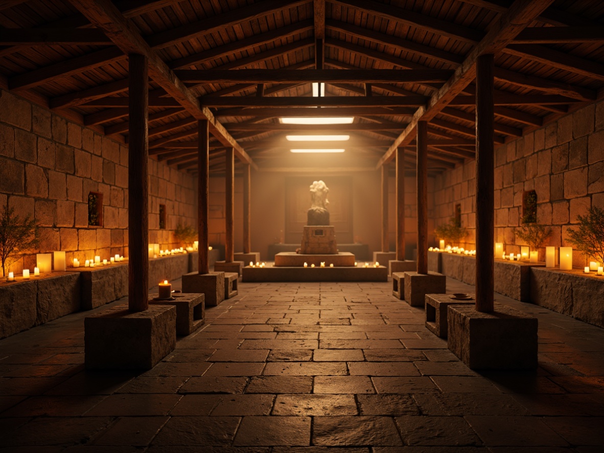 Prompt: Rustic memorial center, warm candlelight, soft lanterns, dimmed overhead lighting, wooden accents, stone walls, earthy tones, natural textures, ambient shadows, subtle color grading, realistic reflections, dramatic spotlights, solemn atmosphere, peaceful ambiance, subtle fog effects, warm golden hour, cinematic composition, symmetrical framing, high contrast ratio.