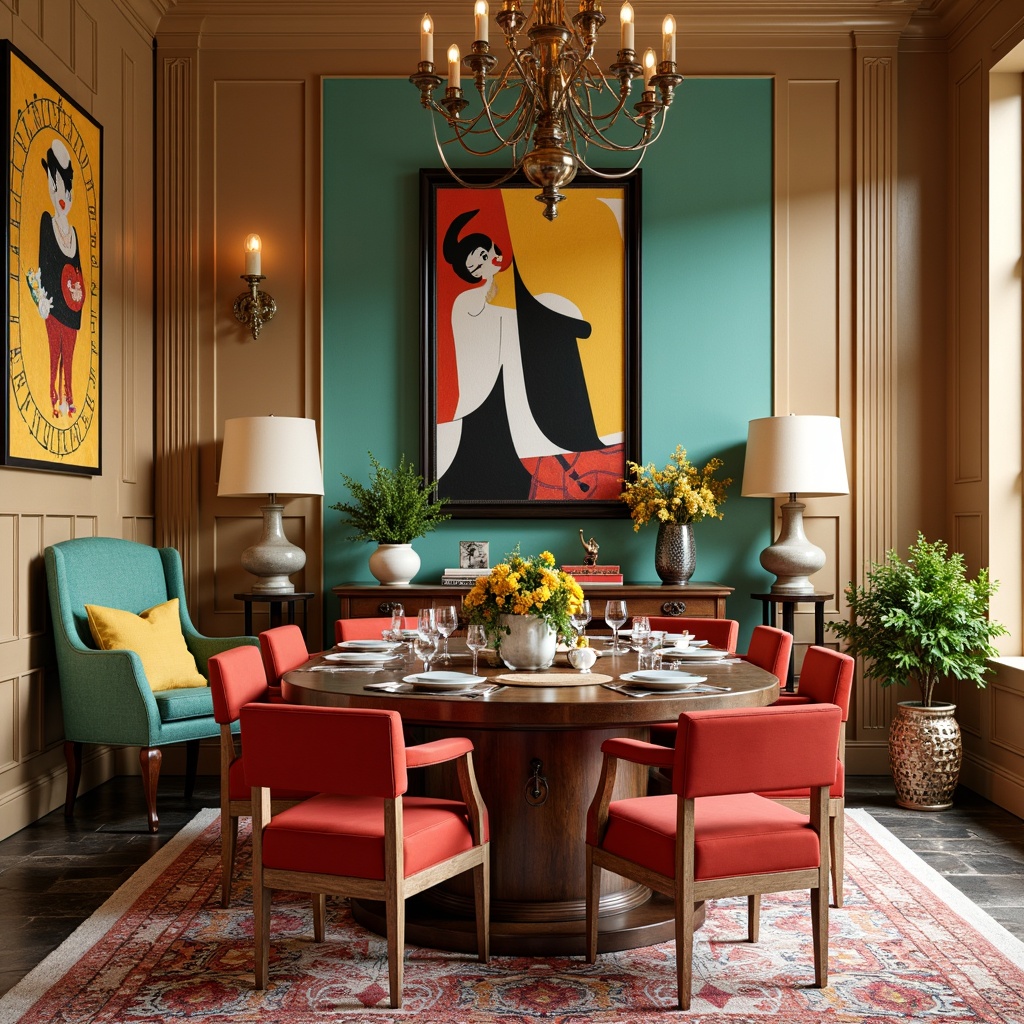 Prompt: Vibrant dining room, bold postmodernist style, eclectic color palette, warm beige walls, rich walnut wood furniture, vibrant turquoise accents, sunny yellow highlights, deep coral red tones, luxurious velvet textiles, ornate metallic fixtures, abstract geometric patterns, oversized decorative mirrors, statement lighting fixtures, dramatic floor lamps, plush area rugs, natural stone flooring, lush greenery, playful sculptural decor, whimsical artwork, bold graphic prints, eclectic vintage accessories.