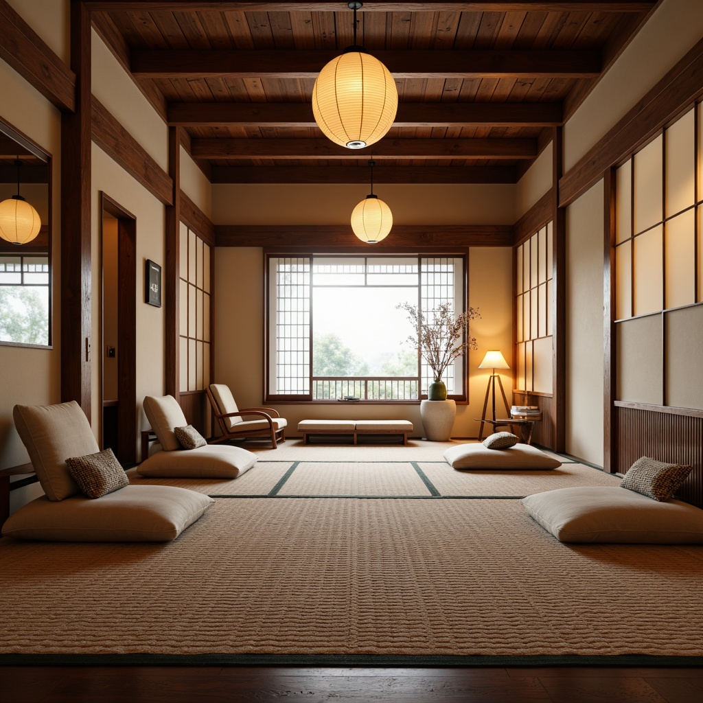 Prompt: Traditional Japanese tatami room, sliding shoji doors, natural wood accents, warm paper lanterns, minimalist decor, low-seating floor cushions, plush throw pillows, woven bamboo chairs, curved wooden benches, geometric patterned rugs, soft diffused lighting, subtle shadows, 1/1 composition, intimate atmosphere, realistic wood textures, ambient occlusion.