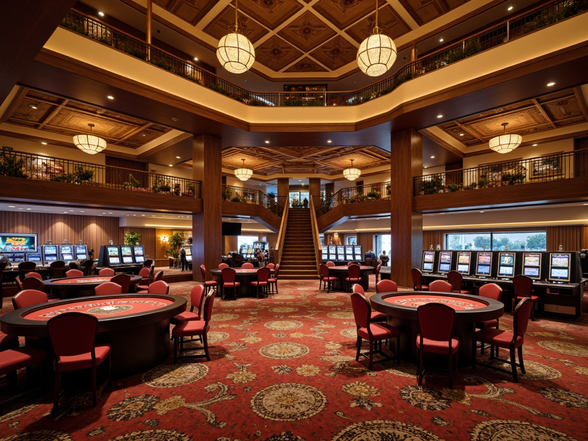 Prompt: Elegant casino interior, rustic French country charm, high ceilings, ornate chandeliers, rich wood paneling, lavish furnishings, opulent textiles, grand staircases, spacious gaming areas, roulette tables, slot machines, elegant bars, champagne coolers, warm golden lighting, shallow depth of field, 1/1 composition, realistic reflections, ambient occlusion.