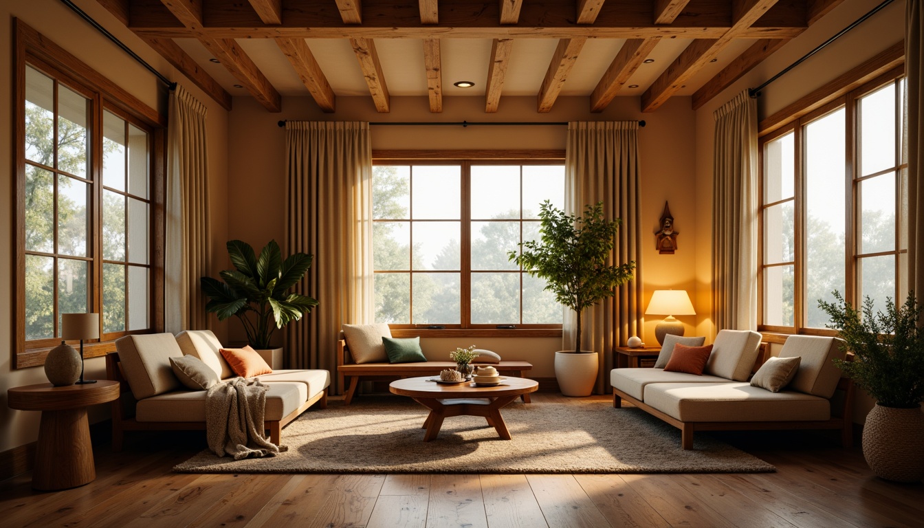 Prompt: Cozy living room, warm ambiance, soft glow, table lamps, floor lamps, pendant lights, recessed lighting, natural wood furniture, plush carpets, earthy color palette, warm beige walls, large windows, daytime setting, gentle diffused light, 1/2 composition, shallow depth of field, realistic textures, ambient occlusion.