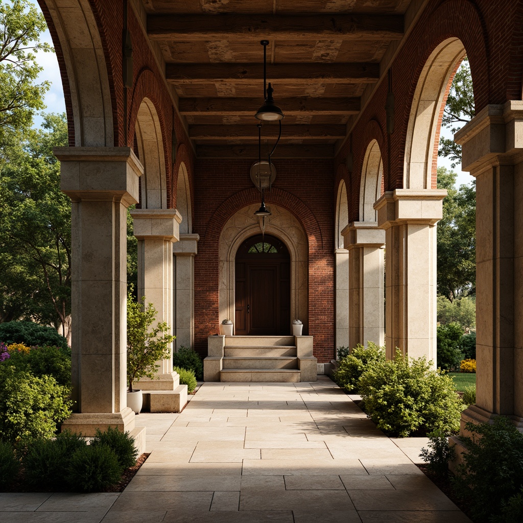 Prompt: Elegant archways, ornate stone carvings, rustic brick textures, verdant greenery, soft warm lighting, dramatic shadows, symmetrical compositions, serene ambiance, natural stone flooring, decorative metalwork, intricate stonework, grand entranceways, majestic columns, classical architecture, subtle color palette, high-contrast ratios, narrow depth of field.