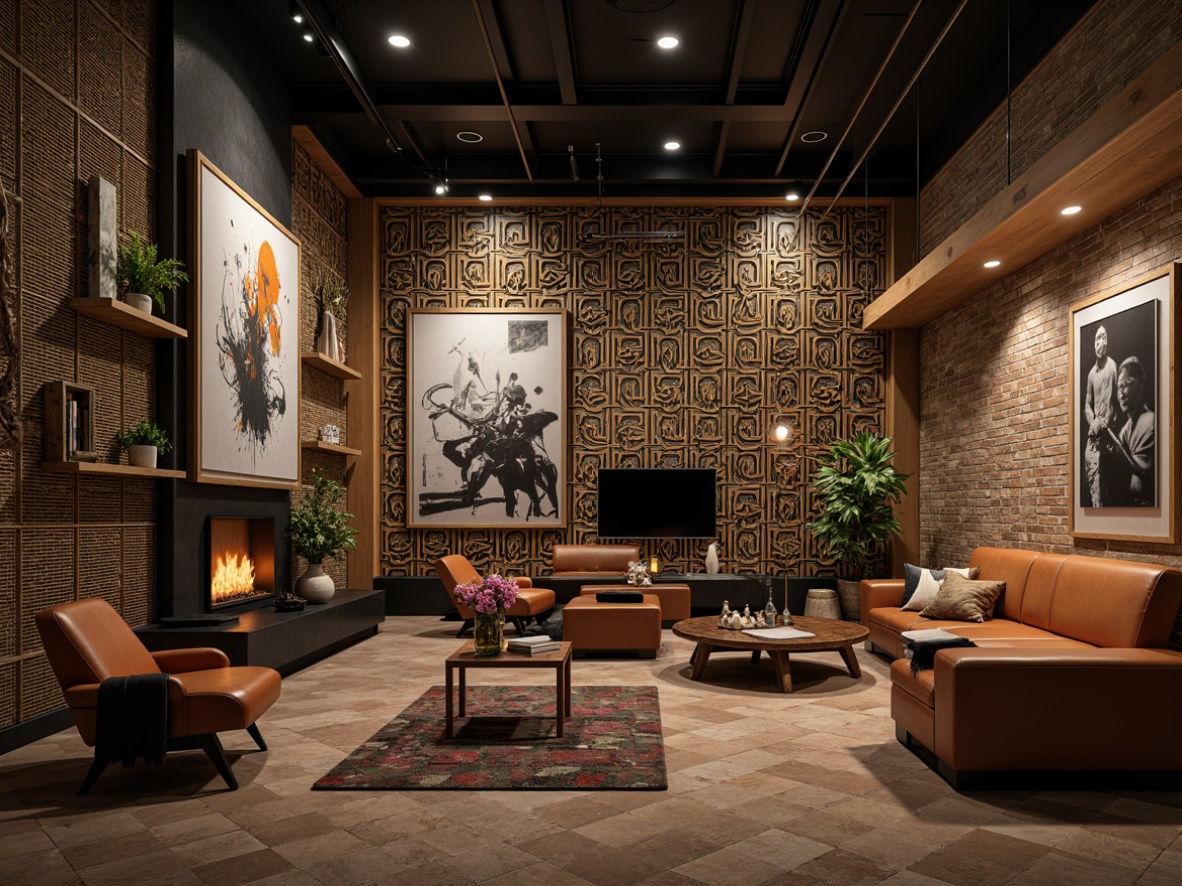 Prompt: Dramatic accent walls, bold geometric patterns, metallic finishes, luxurious textures, statement lighting fixtures, floor-to-ceiling designs, contrasting colors, 3D wall panels, abstract artwork, eclectic mix of materials, industrial chic, exposed brick, reclaimed wood, distressed finishes, edgy urban vibe, moody atmospheric lighting, cinematic composition, high-contrast ratios.