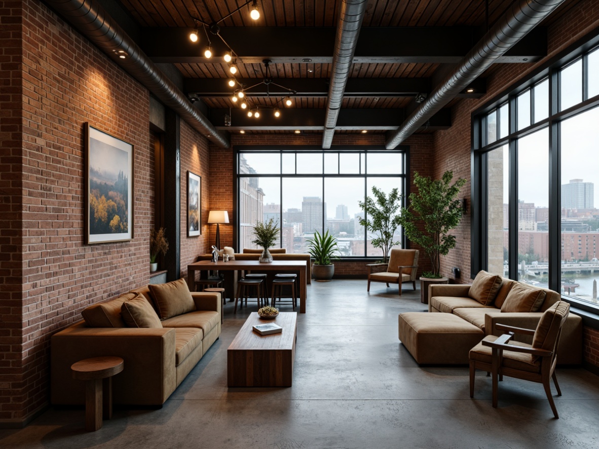 Prompt: Rustic industrial hotel, exposed brick walls, metal beams, reclaimed wood accents, distressed finishes, urban loft atmosphere, neutral color palette, earthy tones, weathered steel, concrete floors, Edison bulb lighting, industrial chic decor, minimalist furniture, functional design, cityscape views, gritty urban landscape, overcast sky, dramatic shadows, high contrast lighting, 2/3 composition, atmospheric rendering.