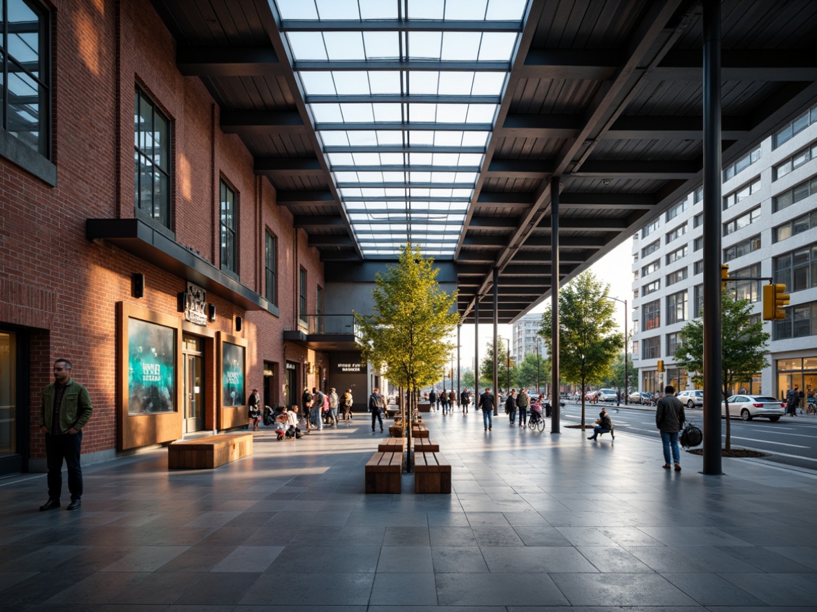 Prompt: Modern train station, industrial chic aesthetic, exposed brick walls, steel beams, polished concrete floors, sleek glass roofs, minimalist signage, urban landscape, bustling city streets, morning rush hour, soft warm lighting, shallow depth of field, 3/4 composition, realistic textures, ambient occlusion, metallic accents, reclaimed wood benches, vibrant LED displays, futuristic digital screens, efficient wayfinding systems, sustainable energy solutions, green walls, natural ventilation systems.