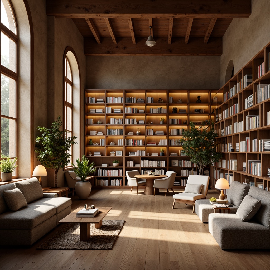 Prompt: Cozy bookstore, minimalist interior, warm wooden shelves, softbox lighting, floor lamps, table lamps, pendant lights, natural materials, paperbacks, hardcovers, reading nooks, comfortable seating, neutral color palette, simple decorations, modern furniture, ample natural light, diffused warm glow, high ceilings, open space, 1/1 composition, realistic textures, subtle shadows.