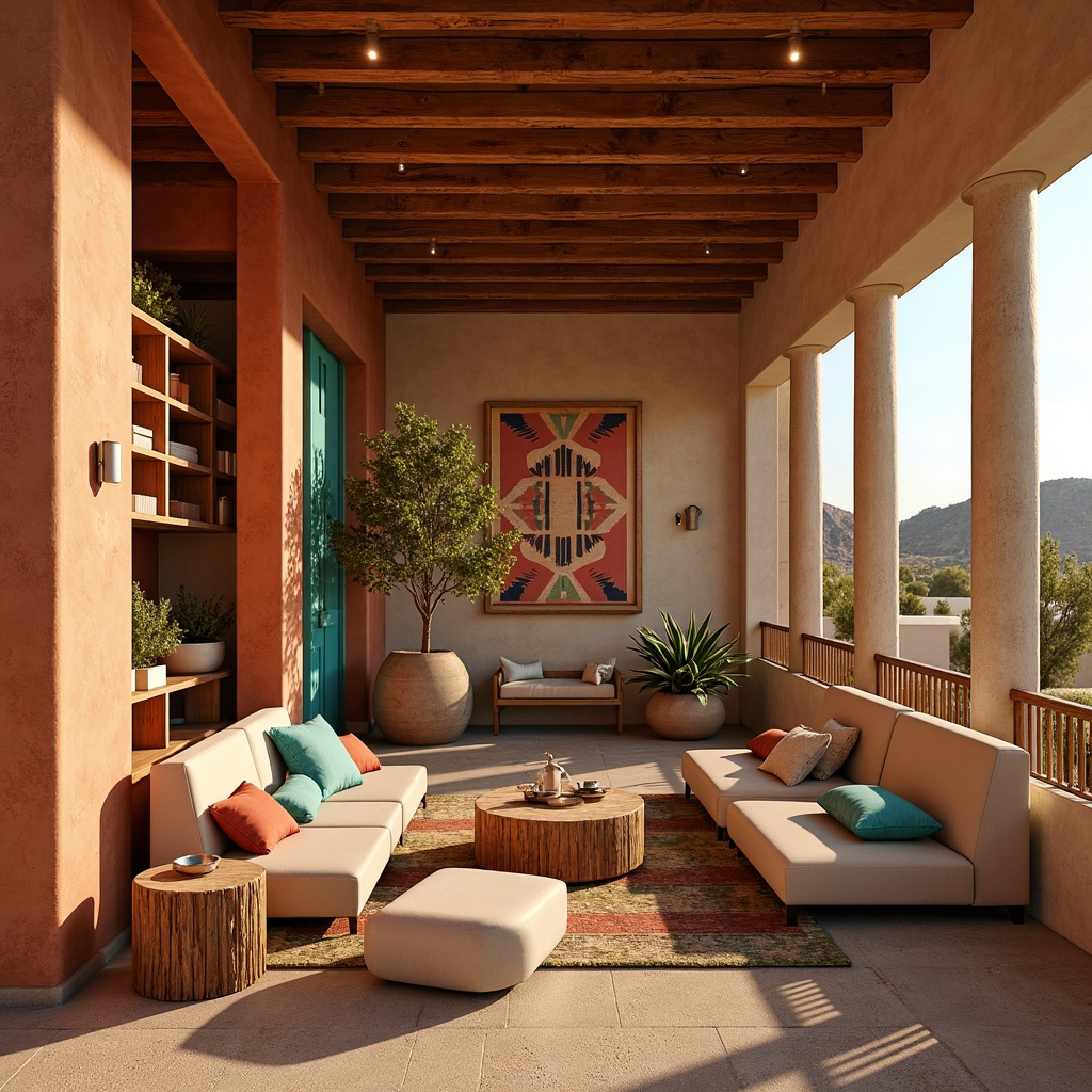 Prompt: Earthy terracotta walls, turquoise accents, sandy beige floors, warm golden lighting, rustic wooden shelves, vibrant Native American patterns, bold red and orange hues, soft sage greenery, natural stone columns, adobe-inspired architecture, warm desert landscapes, clear blue skies, dramatic sunset views, panoramic windows, modern minimalist furniture, cozy reading nooks, ambient warm lighting, shallow depth of field, 3/4 composition, realistic textures.