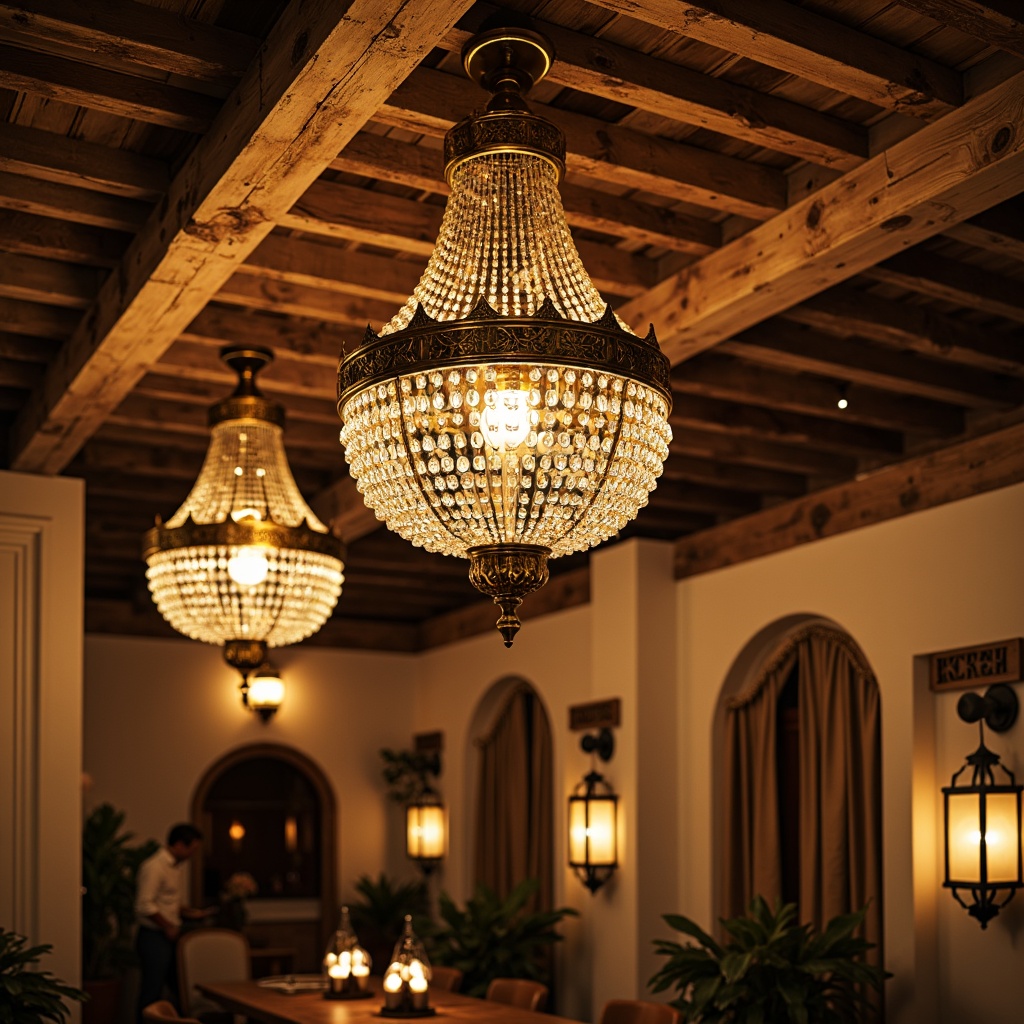 Prompt: Ornate chandeliers, crystal drops, warm golden lighting, rustic wooden beams, vintage metal lanterns, distressed finishes, ornamental ironwork, classic architectural details, soft ambient glow, candle-like illumination, earthy color palette, traditional interior design, cozy intimate atmosphere, warm beige tones, rich wood textures, decorative ceiling medallions, elegant curved lines, luxurious fabrics, subtle shading, 1/1 composition, realistic materials, natural light simulation.