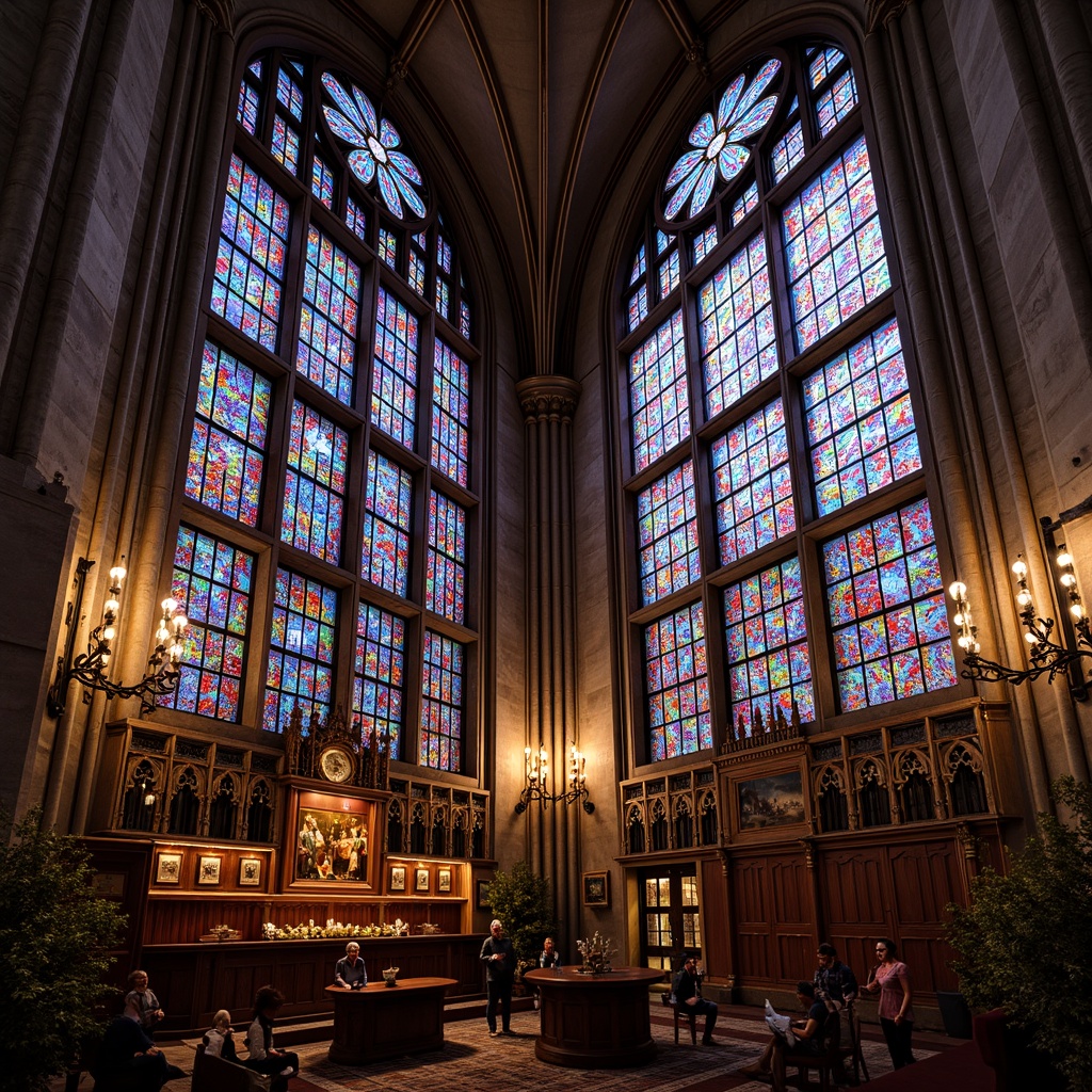 Prompt: Vibrant stained glass windows, kaleidoscope colors, ornate metal frames, Gothic architecture, grand cathedrals, intricate stone carvings, mystical ambiance, warm soft lighting, rich textures, luxurious materials, opulent decorations, lavish furnishings, elegant proportions, symmetrical compositions, 1/2 perspective view, shallow depth of field, realistic reflections, ambient occlusion.