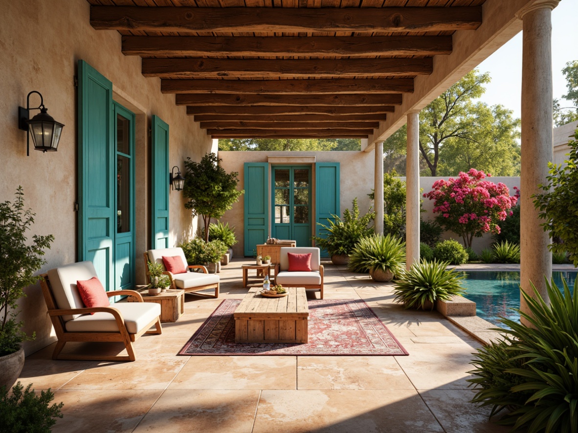 Prompt: Warm Mediterranean villa, rustic stone walls, turquoise accents, distressed wood furniture, ornate tiles, lush greenery, vibrant bougainvillea flowers, sunny day, soft warm lighting, shallow depth of field, 3/4 composition, panoramic view, realistic textures, ambient occlusion.