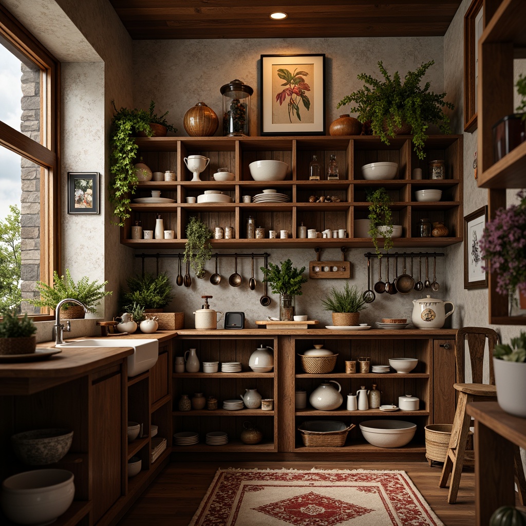 Prompt: Cozy pantry, warm wooden shelves, rustic metal racks, vintage kitchenware, decorative ceramic jars, aromatic spices, fresh herbs, elegant wall art, still-life paintings, soft warm lighting, shallow depth of field, 3/4 composition, realistic textures, ambient occlusion.