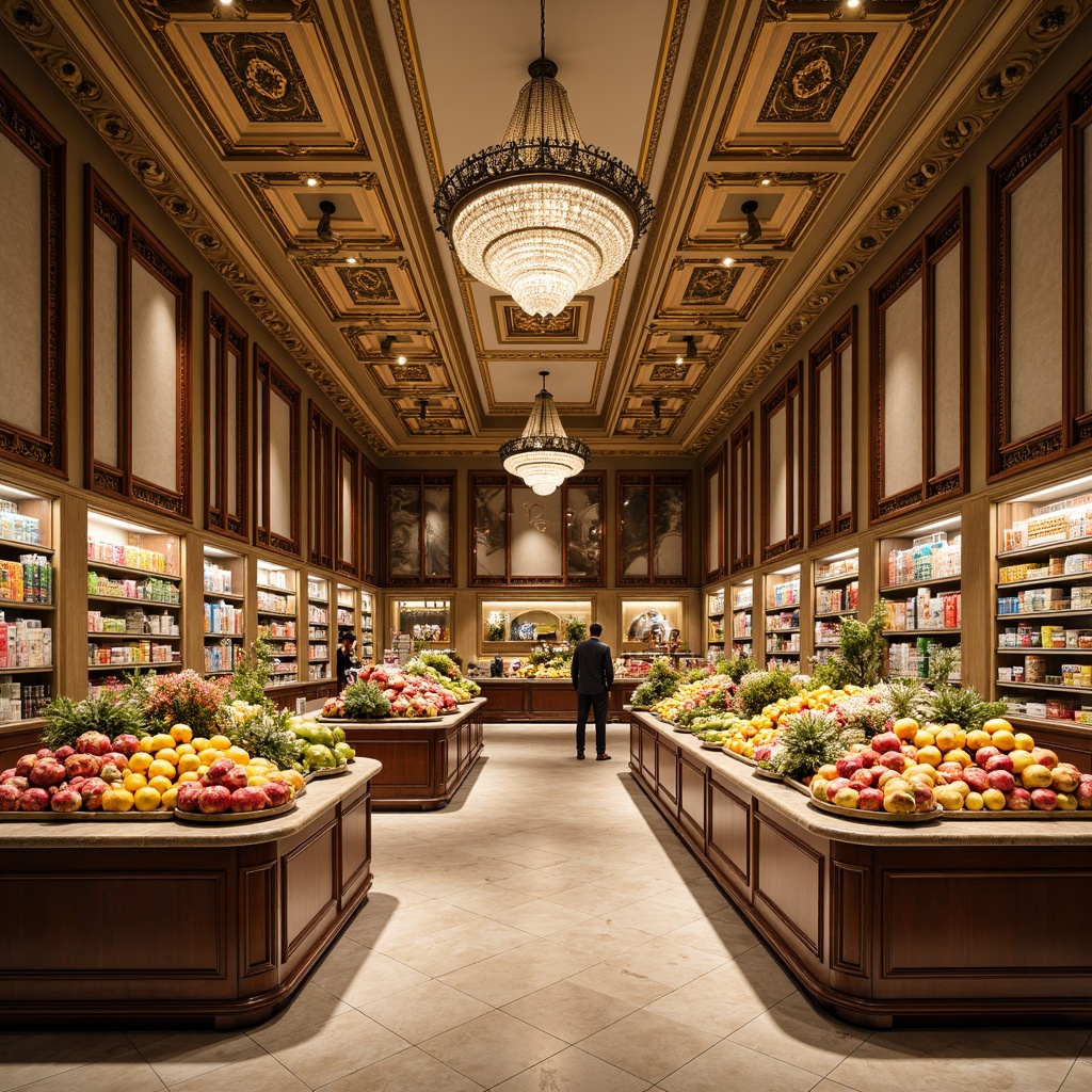 Prompt: Richly ornamented grocery stores, lavish golden accents, warm beige walls, ornate wooden shelves, intricate marble countertops, decorative fresco ceilings, luxurious crystal chandeliers, abundant natural light, soft warm glow, 1/1 composition, shallow depth of field, realistic textures, ambient occlusion, vibrant fruit displays, artisanal food arrangements, elegant typography, classic serif fonts, refined metallic accents, sophisticated color blocking.