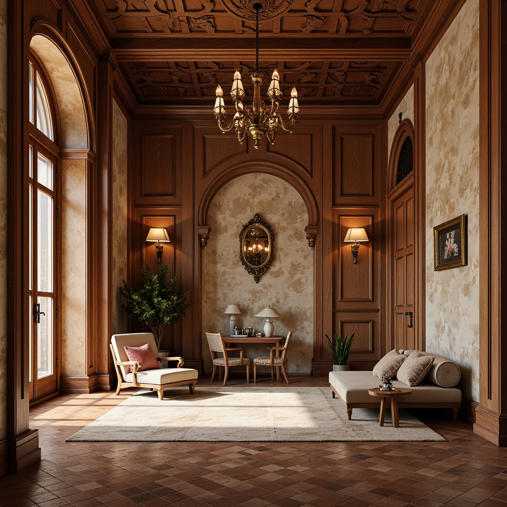 Prompt: Rich wood paneling, ornate moldings, classic archways, distressed stone walls, warm beige stucco, earthy terracotta tiles, rustic brick veneer, natural fiber rugs, plush velvet drapes, elegant chandeliers, soft warm lighting, shallow depth of field, 1/1 composition, realistic textures, ambient occlusion.