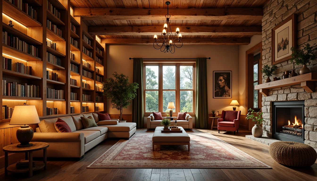 Prompt: Cozy study nooks, warm ambient lighting, soft box lamps, wooden accents, earthy tones, plush carpets, comfortable seating areas, floor-to-ceiling bookshelves, minimalist decor, natural stone fireplaces, rustic wooden beams, vintage-inspired furniture, warm beige walls, elegant chandeliers, dimmable table lamps, task-oriented under-cabinet lighting, 1/1 composition, shallow depth of field, soft focus, warm color temperature.