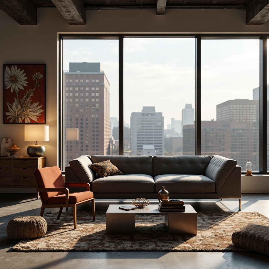 Prompt: Minimalist living room, sleek low-profile sofa, polished chrome legs, tufted velvet upholstery, geometric patterned rug, floor-to-ceiling windows, natural light pouring in, urban cityscape views, industrial chic decor, reclaimed wood accents, metallic coffee table, abstract artwork, ambient warm lighting, soft focus blur, 1/2 composition, cinematic color grading, realistic fabric textures, subtle shadow mapping.