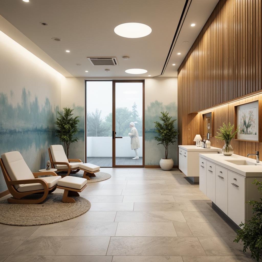 Prompt: Calming medical clinic, soft beige walls, warm wooden accents, soothing blue tones, gentle greenery, natural stone floors, minimal modern furniture, sterile white countertops, calming ambient lighting, subtle texture overlays, 3/4 composition, shallow depth of field, realistic renderings, ambient occlusion.