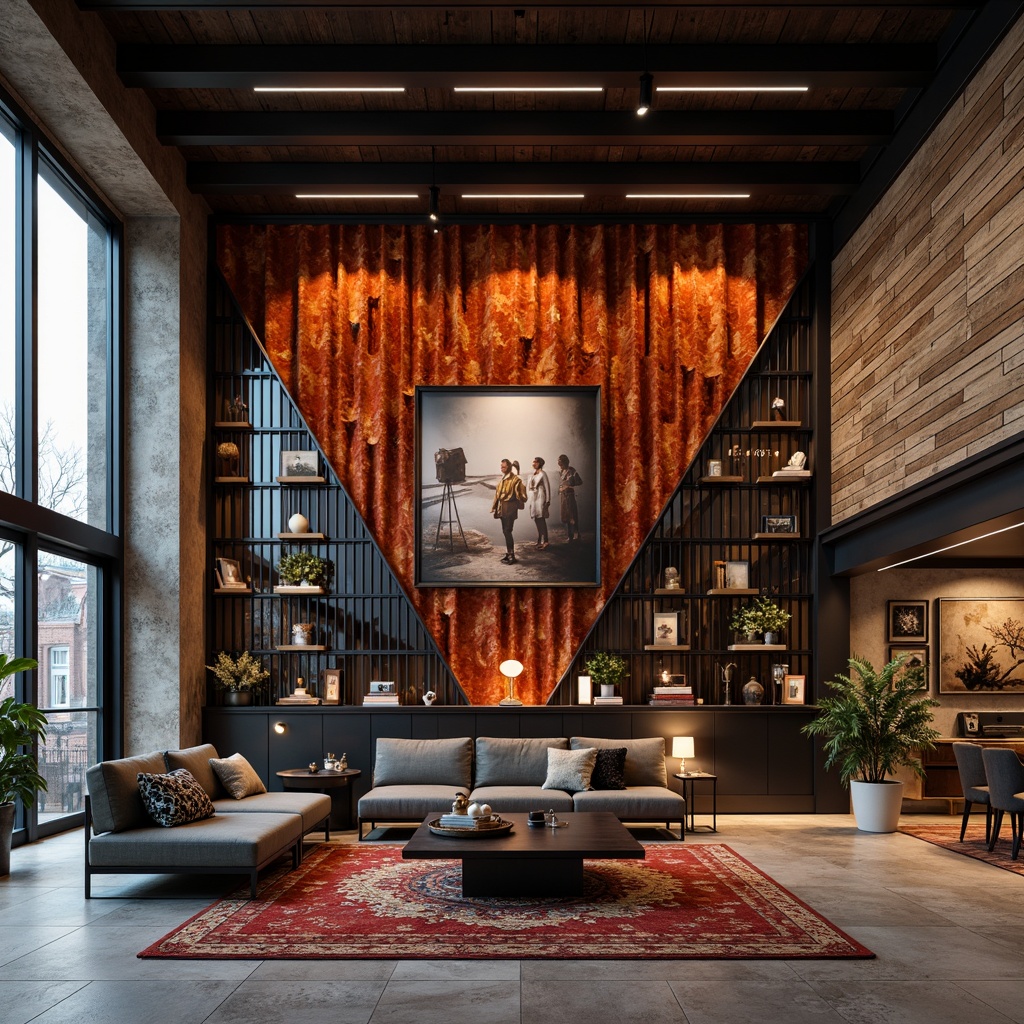 Prompt: Dramatic accent wall, bold geometric patterns, rich velvet texture, luxurious metallic finish, oversized artwork, eclectic gallery display, reclaimed wood planks, industrial chic aesthetic, modern minimalist decor, floor-to-ceiling installation, vibrant color blocking, contrasting materials, sophisticated LED lighting, moody atmospheric ambiance.