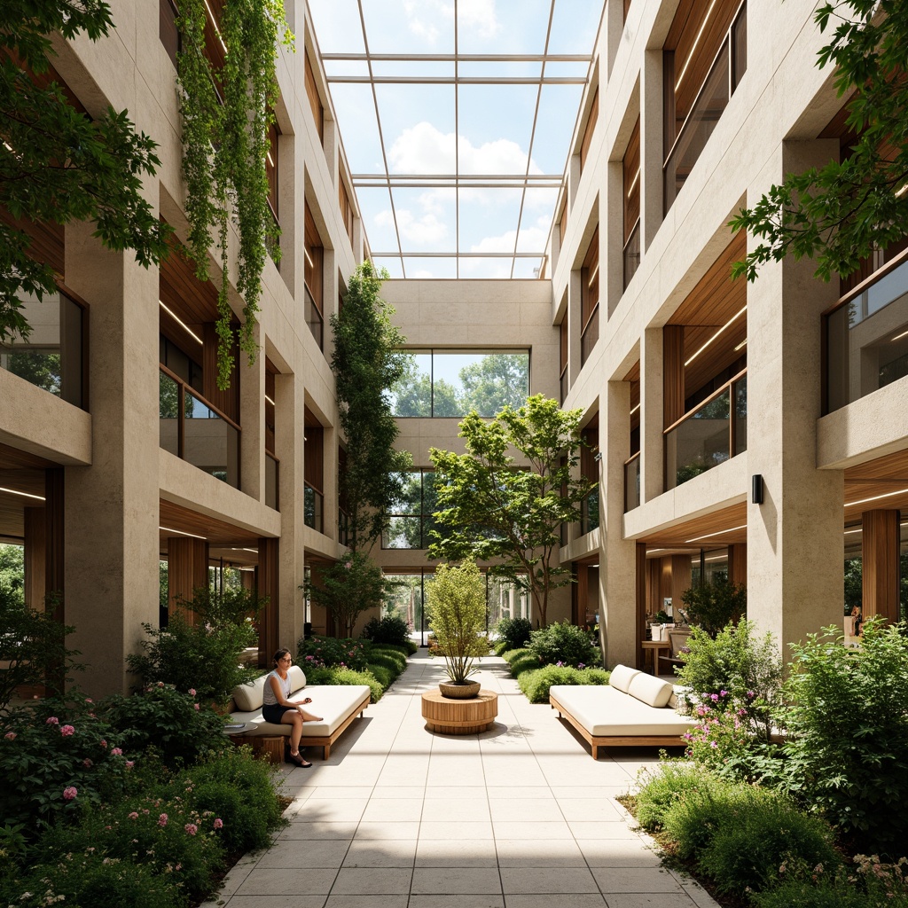 Prompt: Minimalist atrium, lush greenery, natural stone walls, wooden accents, floor-to-ceiling windows, skylights, soft warm lighting, airy feel, open layout, modern furniture, sleek lines, vibrant plants, blooming flowers, sunny day, shallow depth of field, 3/4 composition, panoramic view, realistic textures, ambient occlusion.