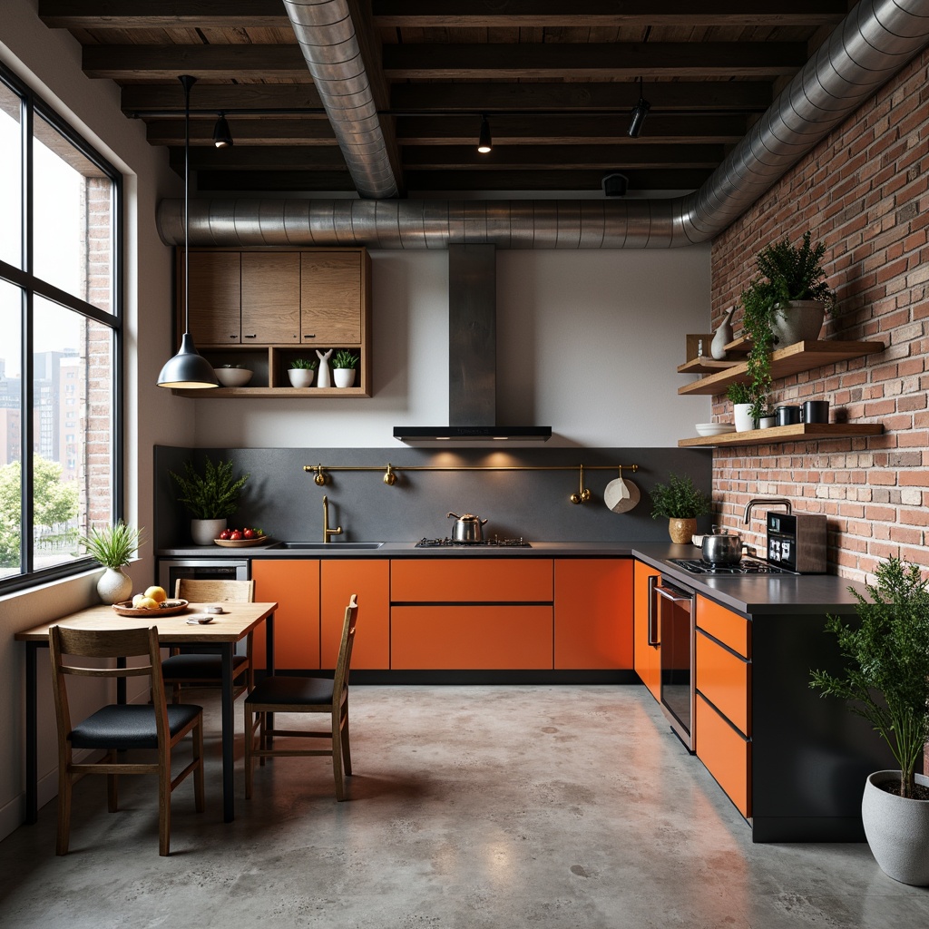 Prompt: Industrial-style kitchen, minimalist aesthetic, sleek cabinetry, stainless steel countertops, bold geometric patterns, functional simplicity, raw concrete floors, exposed brick walls, industrial-style lighting fixtures, pendant lamps, natural wood accents, matte black metal hardware, bold color blocking, modernist typography, urban loft atmosphere, high-contrast shading, dramatic shadows, 1/1 composition, sharp lines, realistic textures, subtle ambient occlusion.Let me know if you need any adjustments!