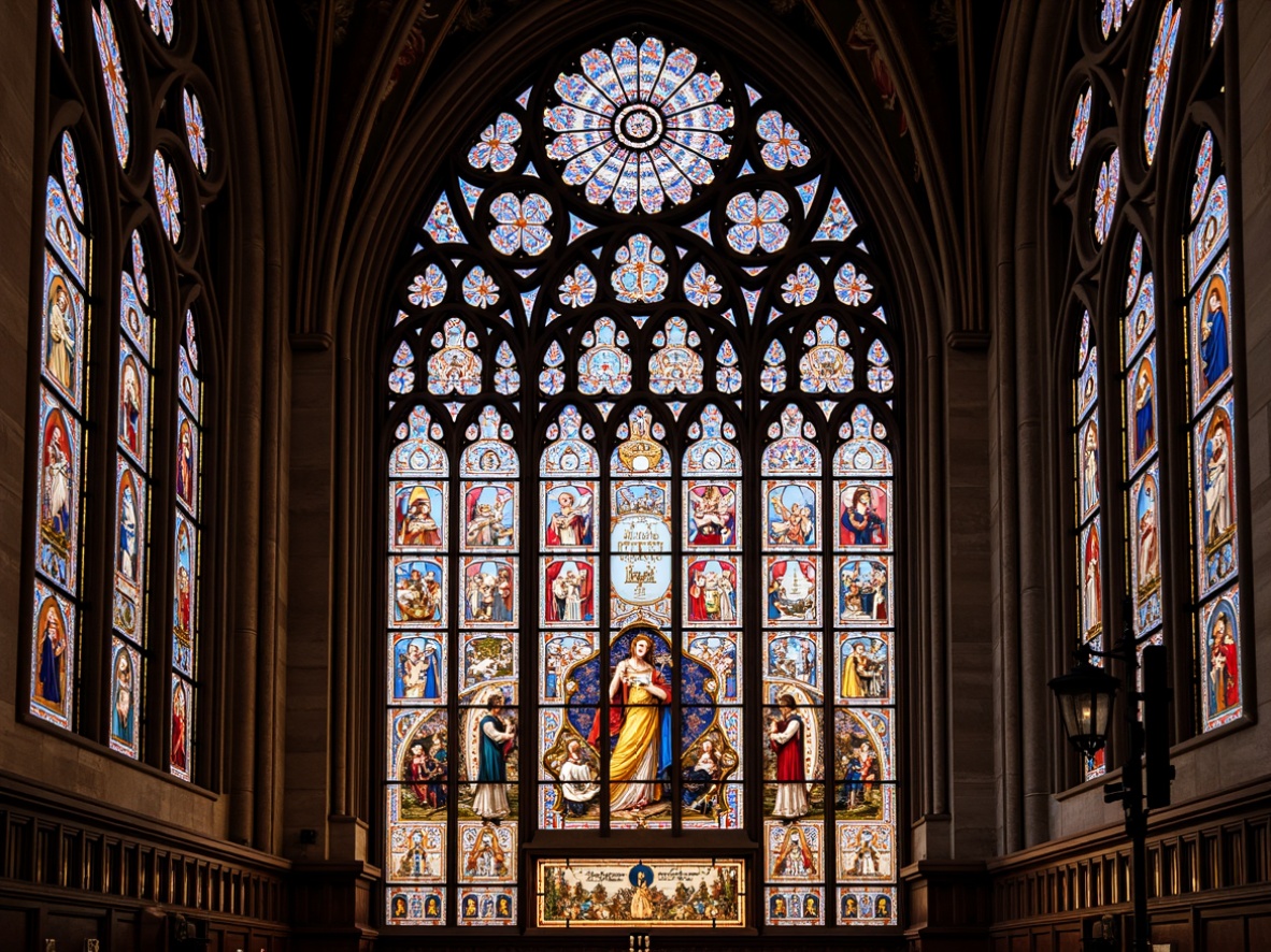 Prompt: Vibrant stained glass windows, intricate ornate designs, kaleidoscope colors, Gothic architecture, grand cathedrals, ornamental patterns, delicate textures, warm soft lighting, diffused sunlight, majestic interior spaces, rich cultural heritage, spiritual ambiance, vivid color palette, artistic craftsmanship, detailed illustrations, symmetrical compositions, realistic reflections, shallow depth of field.