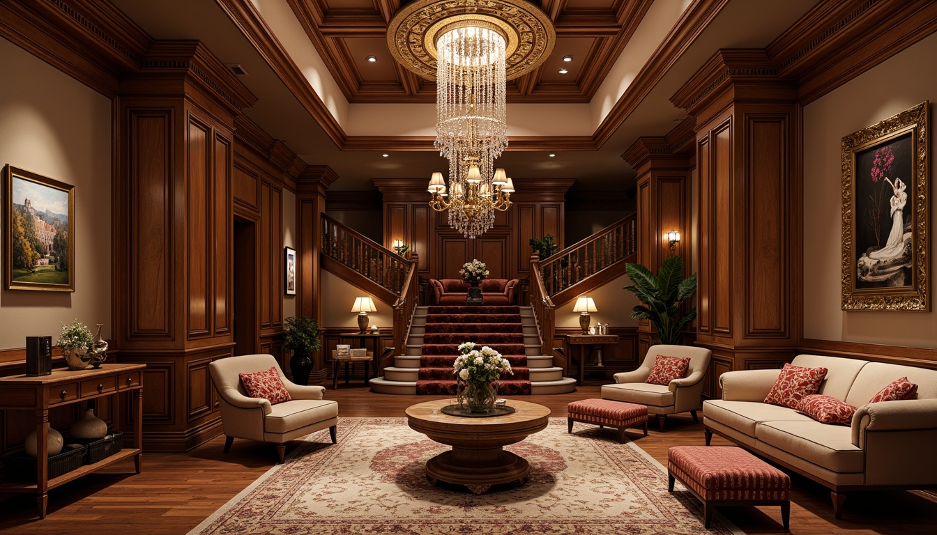 Prompt: Elegant basement, neoclassical style, ornate furnishings, rich wood tones, velvet upholstery, gilded accents, carved wooden panels, crystal chandeliers, refined architectural details, subtle color palette, warm ambient lighting, luxurious textures, stately furniture, classic proportions, symmetrical compositions, formal atmosphere, sophisticated decor, antique vases, lavish drapery, ornamental rugs, grandiose staircases.