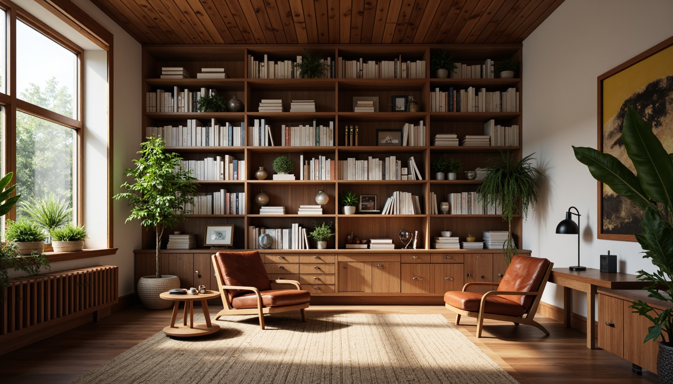 Prompt: Mid-century modern apartment, academic aesthetic, wooden flooring, minimalist decor, vintage furniture pieces, leather armchairs, wooden desks, metal lamps, greenery plants, floor-to-ceiling bookshelves, neutral color palette, soft warm lighting, shallow depth of field, 1/1 composition, realistic textures, ambient occlusion.