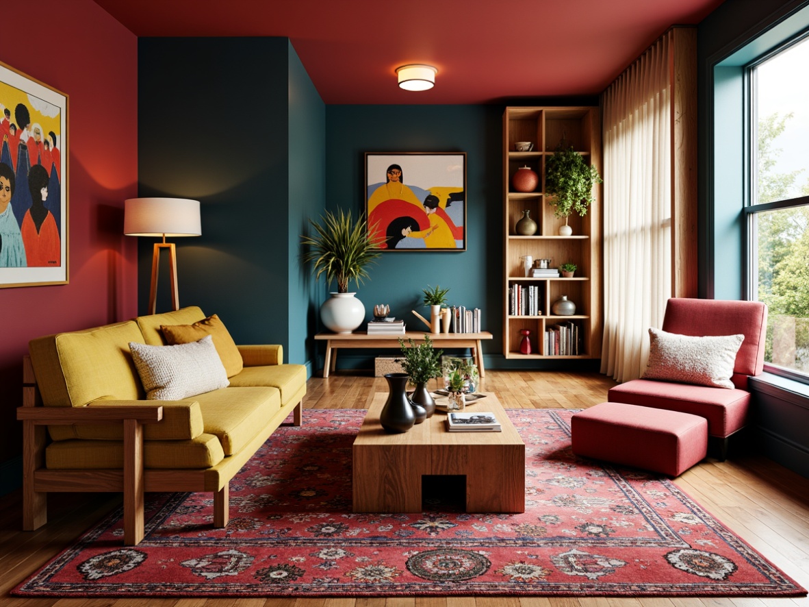 Prompt: Vibrant living room, bold color schemes, eclectic furniture, patterned rugs, statement lighting fixtures, metallic accents, geometric-shaped decor, textured throw pillows, natural wood coffee tables, industrial-chic shelving units, abstract artwork, playful wall murals, cozy reading nooks, warm ambient lighting, 1/1 composition, soft focus effect, realistic fabric textures.