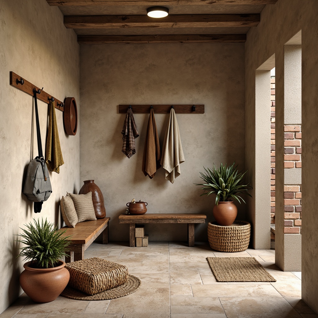 Prompt: Rustic mudroom, natural stone flooring, woven wicker furniture, earthy terracotta pots, reclaimed wood accents, distressed leather benches, woven jute rugs, industrial metal hooks, concrete walls, exposed brick details, warm beige color scheme, cozy ambient lighting, soft shadows, 1/1 composition, realistic textures, subtle normal mapping.