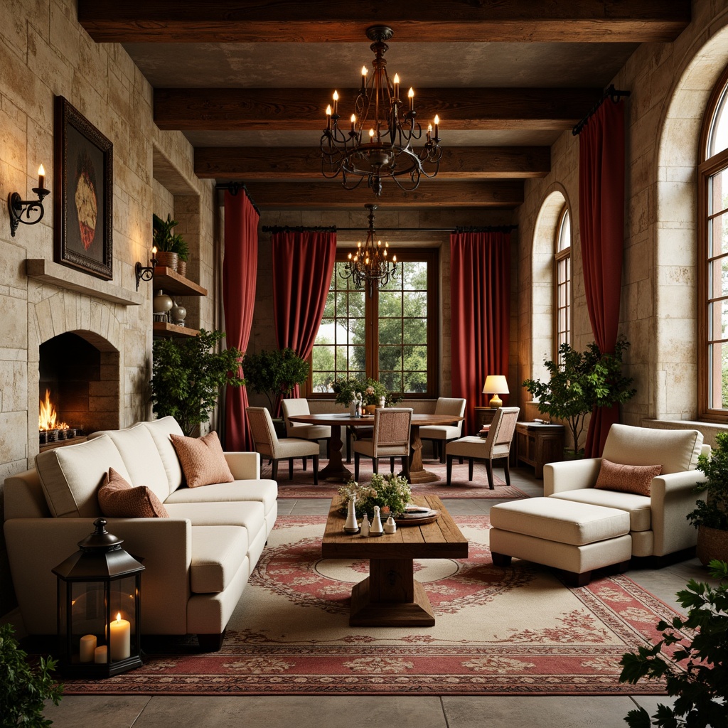 Prompt: Rustic French country estate, maroon-inspired color palette, warm beige stonewalls, distressed wood accents, soft sage greenery, vintage metal lanterns, ornate ironwork, elegant cream furnishings, plush velvet textiles, rich burgundy drapes, antique furniture pieces, natural stone fireplaces, candlelit ambiance, warm golden lighting, shallow depth of field, 1/1 composition, romantic atmosphere, realistic textures, ambient occlusion.