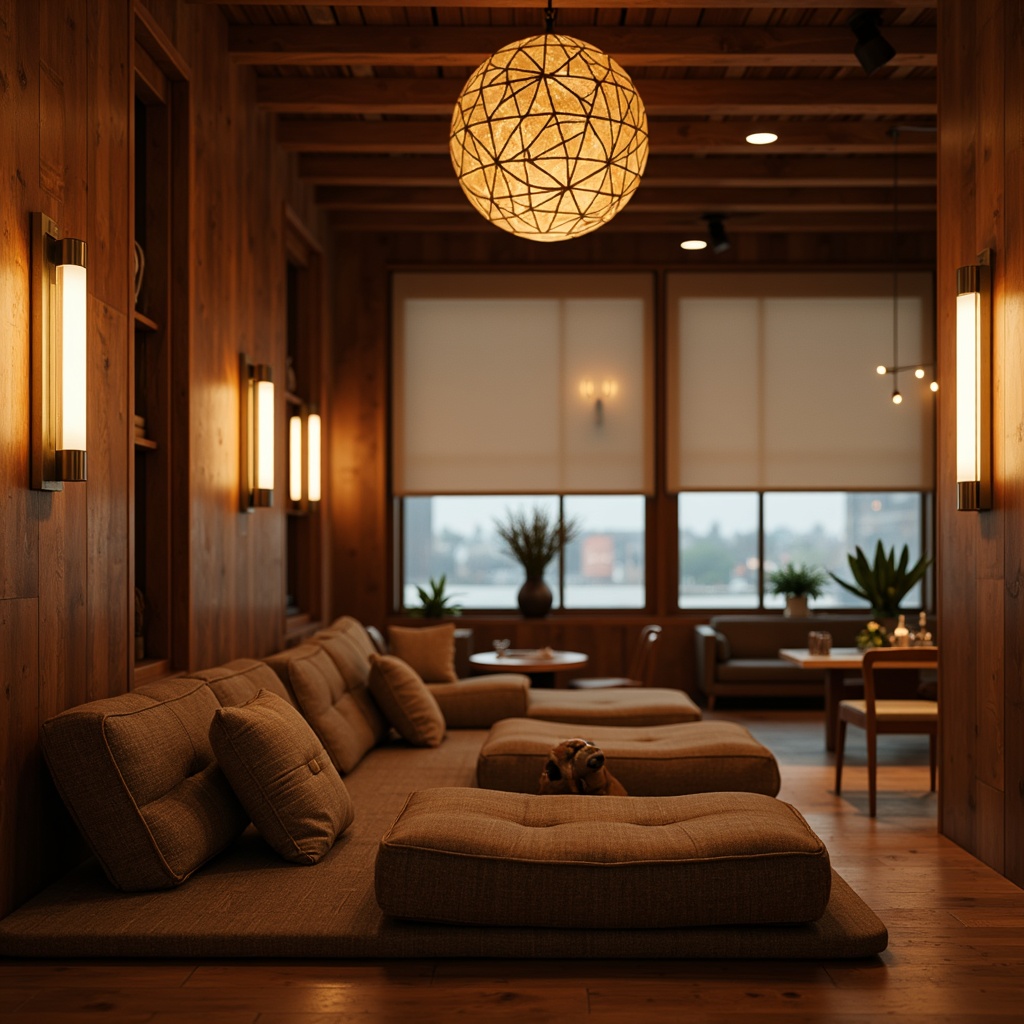 Prompt: Mid-century modern interior, warm ambient lighting, sleek metal sconces, minimalist pendant lamps, natural linen shades, wooden ceiling fixtures, brass accents, geometric patterns, retro-inspired chandeliers, cozy reading nooks, soft warm glow, 1/1 composition, shallow depth of field, realistic textures, ambient occlusion.