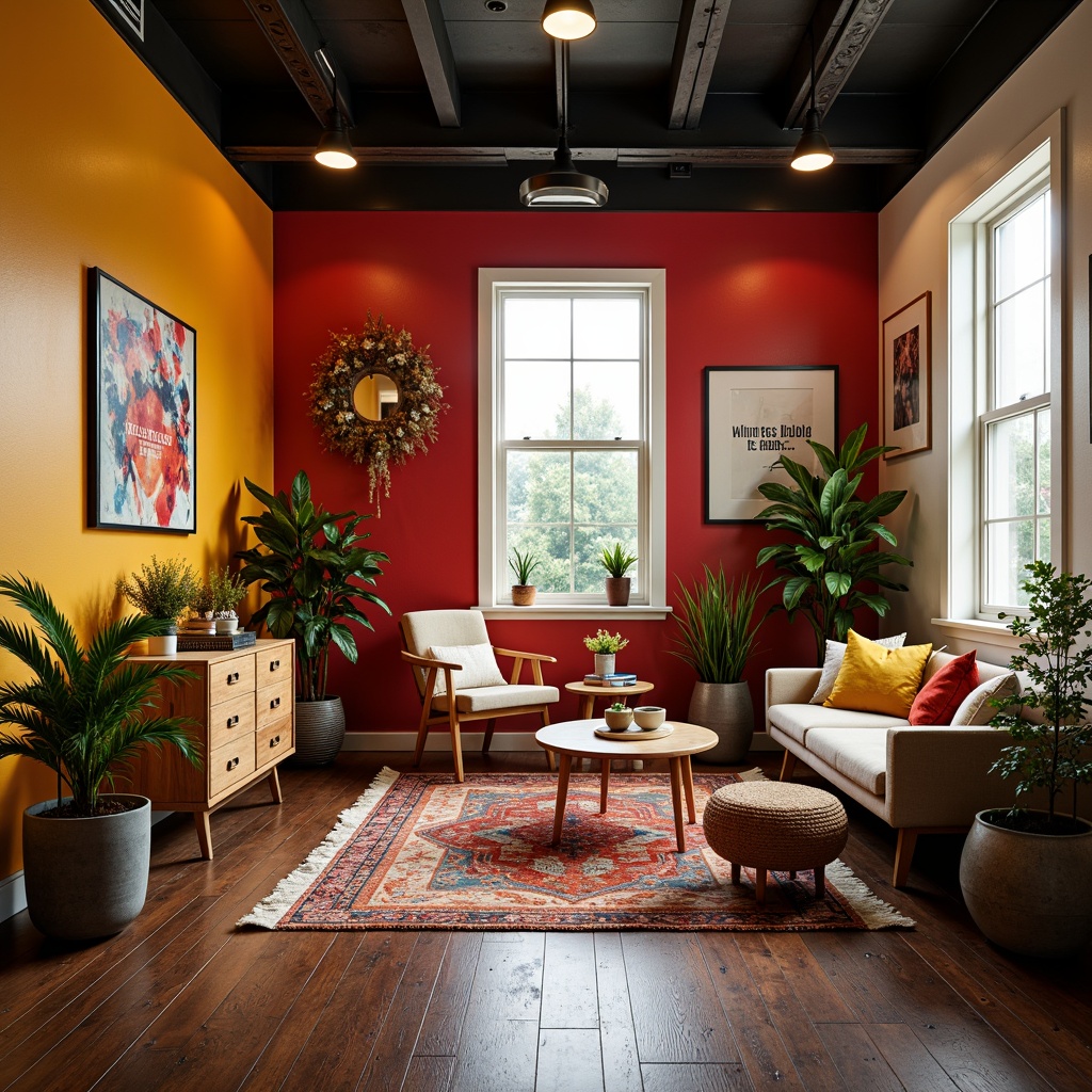 Prompt: Vibrant design studio, modern interior space, bold color scheme, contrasting hues, bright accent walls, rich textures, wooden furniture, metal accents, warm atmospheric lighting, cozy reading nook, inspirational quote decals, eclectic decorative objects, abstract artwork, bohemian rug patterns, natural stone flooring, plants and greenery, artistic expressions, 1/2 composition, soft focus effect, warm color grading.