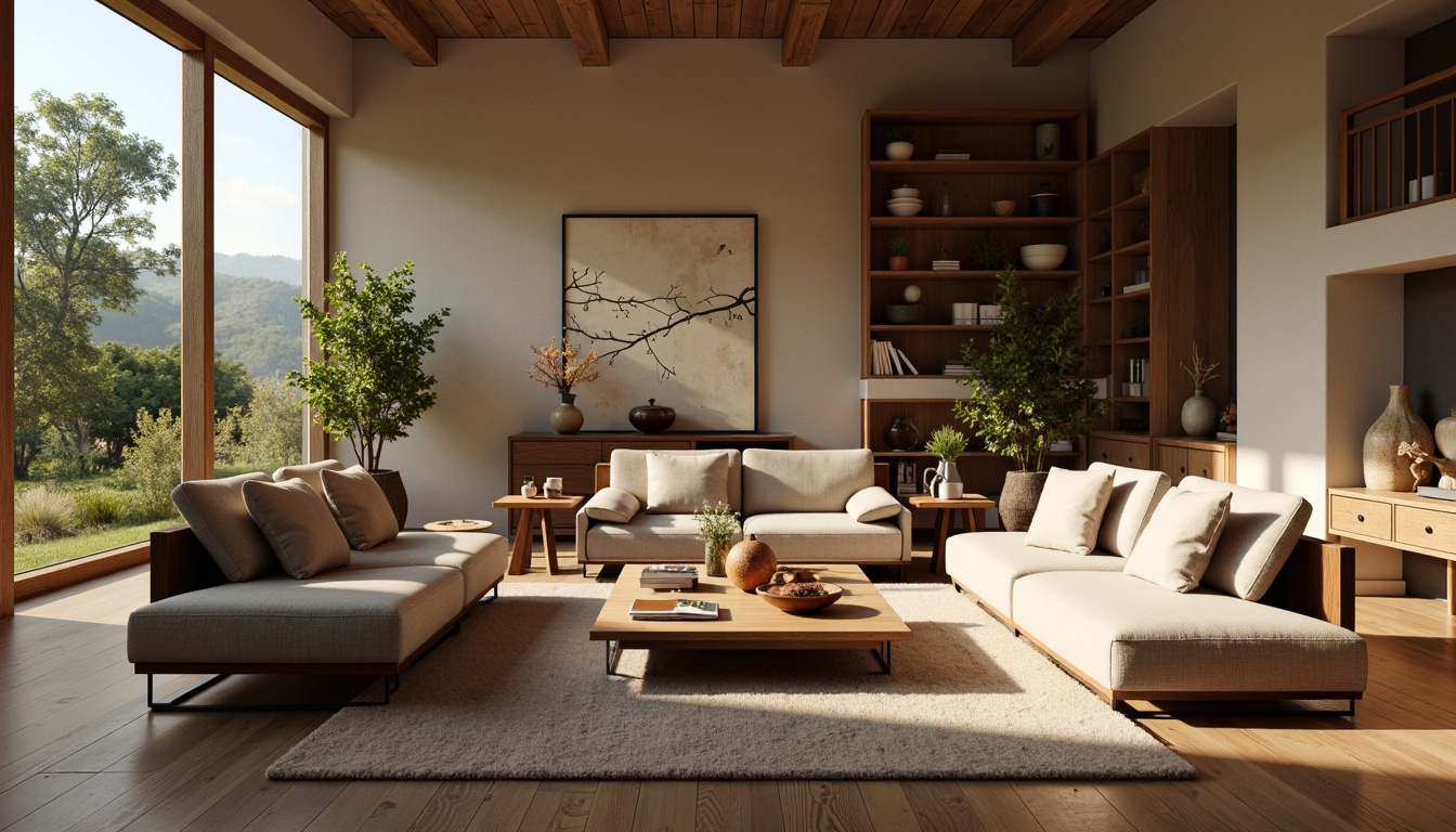 Prompt: Cozy living room, plush sofas, velvety armchairs, wooden coffee tables, soft cushions, warm lighting, natural fabrics, earthy color palette, minimalist decor, modern accent walls, floor-to-ceiling windows, calm atmosphere, serene ambiance, shallow depth of field, 1/1 composition, realistic textures, ambient occlusion.