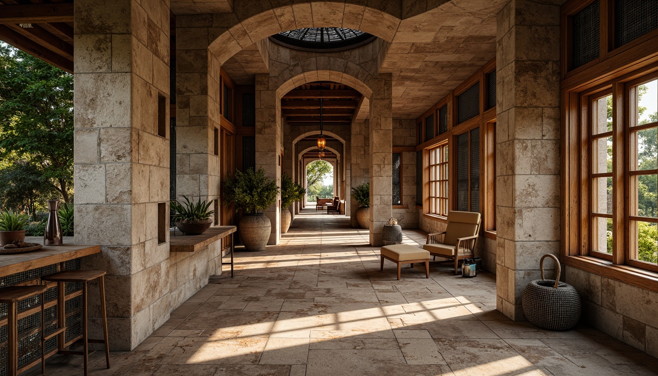 Prompt: Rough-hewn stone walls, distressed wood accents, metallic meshes, glass mosaics, intricate tile patterns, woven fiber textiles, organic shapes, earthy tones, natural materials, ambient lighting, soft focus, shallow depth of field, 1/2 composition, warm color palette, cozy atmosphere, inviting spaces.