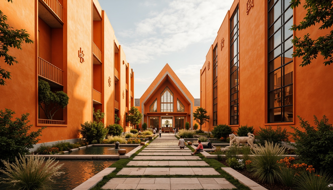 Prompt: Vibrant tangerine hues, modern religious architecture, sleek minimalist design, angular lines, geometric patterns, stained glass windows, ornate metalwork, intricate stone carvings, warm golden lighting, soft ambient occlusion, shallow depth of field, 3/4 composition, panoramic view, realistic textures, sacred symbols, spiritual ambiance, serene atmosphere, peaceful courtyard, lush greenery, blooming flowers, natural stone pathways, water features, fountain installations, abstract sculptures, modern art pieces.