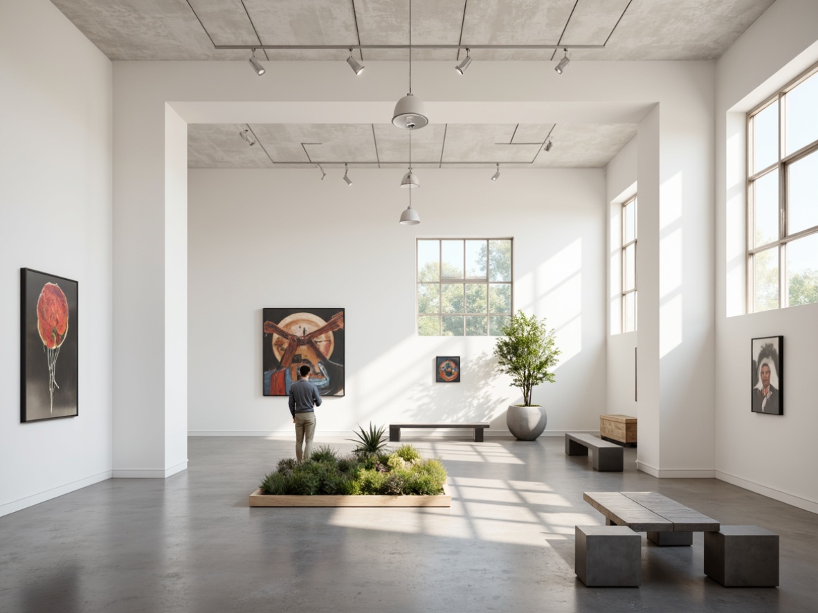 Prompt: Minimalist gallery interior, polished concrete floor, white walls, high ceilings, track lighting, modern art pieces, sleek metal benches, minimalist wooden tables, geometric-shaped planters, potted greenery, natural textiles, neutral color palette, abundant natural light, 1/1 composition, softbox lighting, realistic reflections, ambient occlusion.