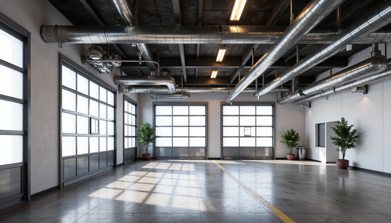 Prompt: Industrial-style metal fixtures, exposed ductwork, polished concrete floors, modern garage doors, bright white walls, LED strip lighting, under-cabinet task lighting, pendant lights, chrome accents, futuristic ambiance, high ceilings, urban loft feel, dramatic shadows, warm color temperature, 1/1 composition, softbox lighting, realistic reflections.