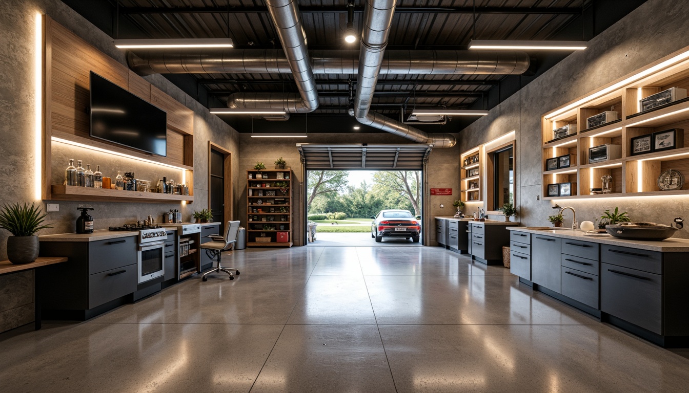 Prompt: Luxurious garage interior, polished concrete floors, epoxy resin coatings, metallic finishes, industrial chic aesthetic, exposed ductwork, reclaimed wood accents, modern LED lighting, sleek black cabinets, stainless steel workbenches, automotive-inspired decor, vintage car displays, urban loft ambiance, natural stone walls, earthy color palette, matte finish, 1/1 composition, softbox lighting, realistic reflections.