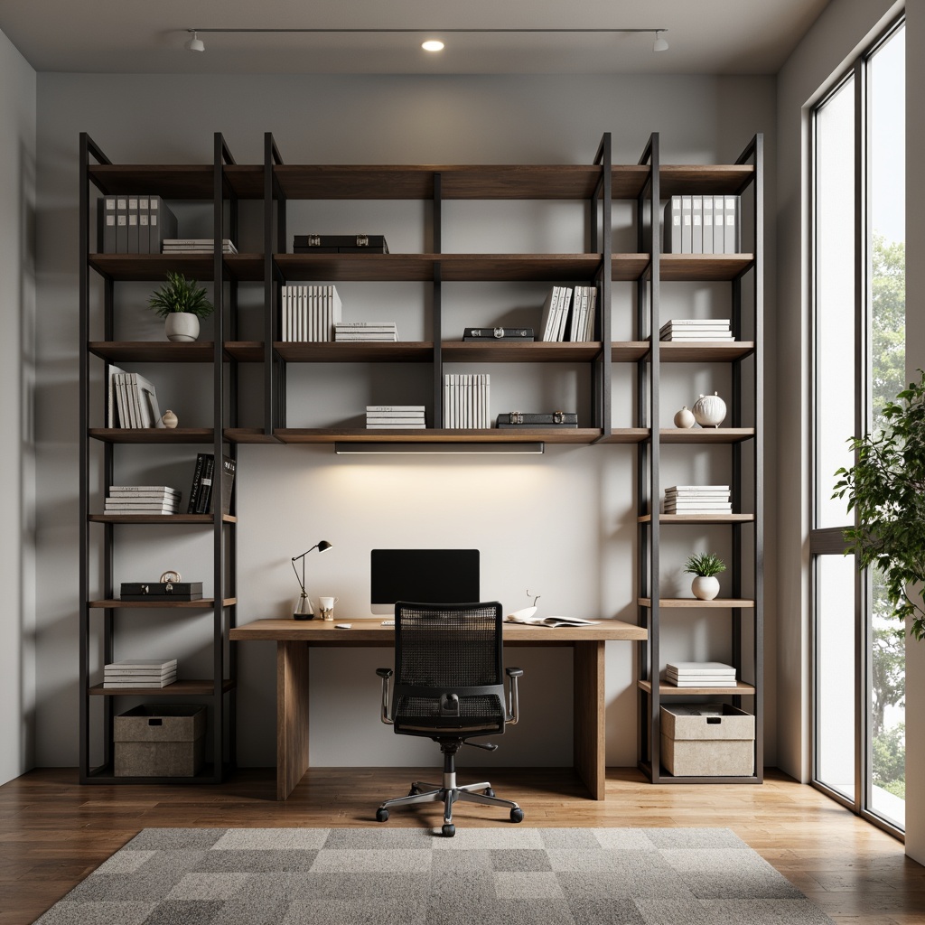 Prompt: Modern home office, sleek metal shelving units, industrial-chic decor, wooden desk, ergonomic chair, task lighting, organized storage bins, labeled files, minimalist aesthetic, monochromatic color scheme, natural wood textures, softbox lighting, shallow depth of field, 1/1 composition, realistic renderings.