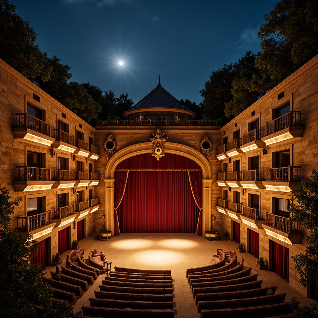 Prompt: Renaissance amphitheater, warm golden lighting, soft spotlights, dramatic floodlights, rustic stone walls, ornate balconies, red velvet curtains, gilded decorations, Baroque-inspired architectural details, nighttime performances, moonlit sky, subtle shadows, 1/2 composition, low-key lighting, warm color temperature, ambient occlusion.Let me know if this meets your expectations!