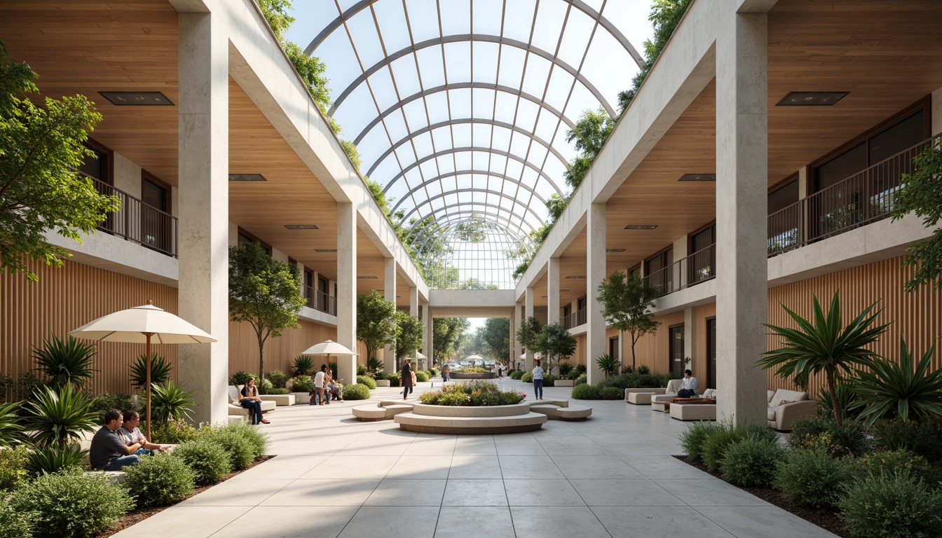 Prompt: Spacious atrium, natural light, sleek glass roofs, modern minimalist architecture, open floor plans, collaborative workspaces, comfortable seating areas, wooden accents, warm neutral tones, subtle textures, airy feel, soft diffused lighting, shallow depth of field, 1/1 composition, panoramic view, realistic reflections, ambient occlusion, vibrant greenery, lush plants, water features, calming sounds, peaceful ambiance.