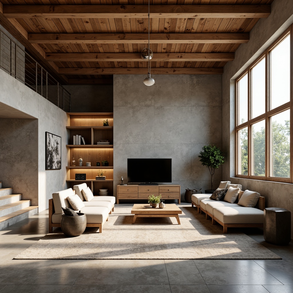 Prompt: Rustic modern living room, exposed wooden beams, natural wood tones, industrial chic decor, minimalist furniture, urban loft atmosphere, high ceilings, concrete floors, metal accents, reclaimed wood walls, earthy color palette, warm ambient lighting, 1/1 composition, shallow depth of field, softbox lighting, realistic textures.